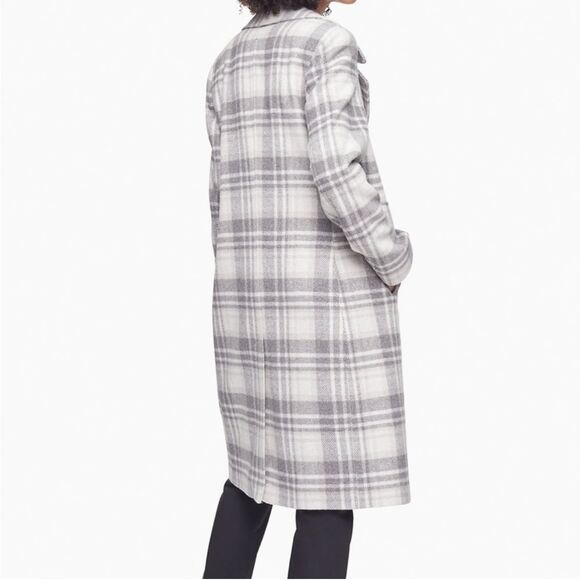 Calvin Klein Walker Plaid Wool Overcoat Single Breasted Pea Coat Gray Cream 10 - Picture 3 of 16